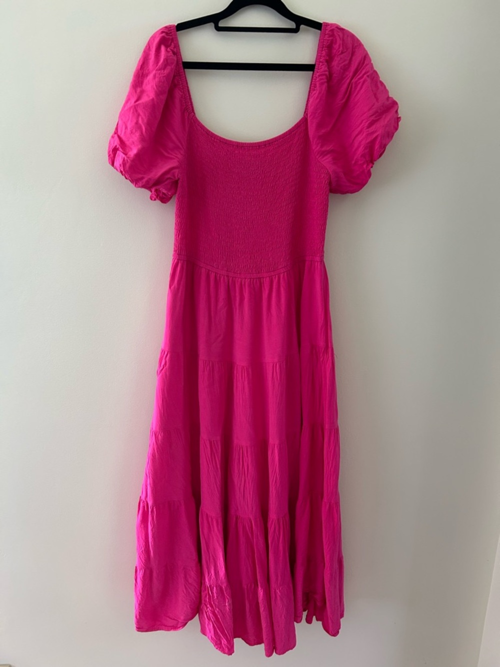 Smocked Puff Sleeve Maxi Dress in Vivid Pink